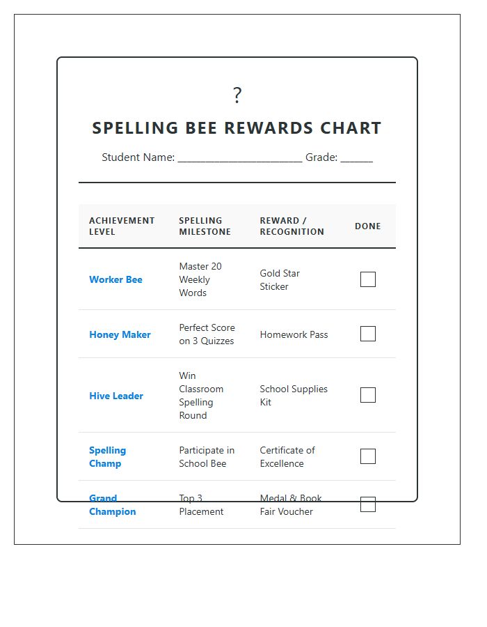 Elementary School Spelling Bee Rewards Printable Chart
