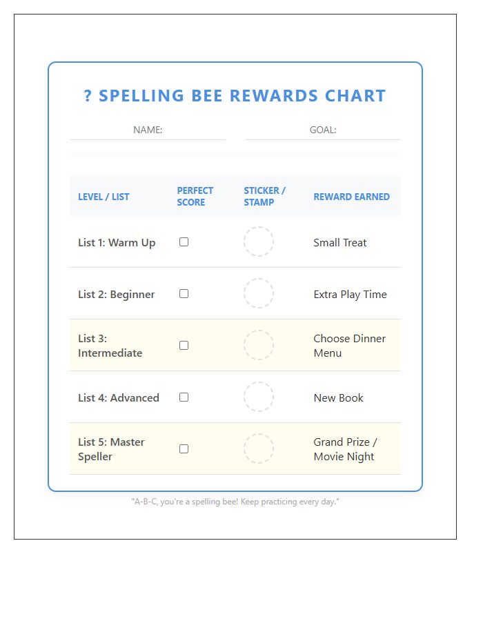Kids Spelling Bee Rewards Printable Chart
