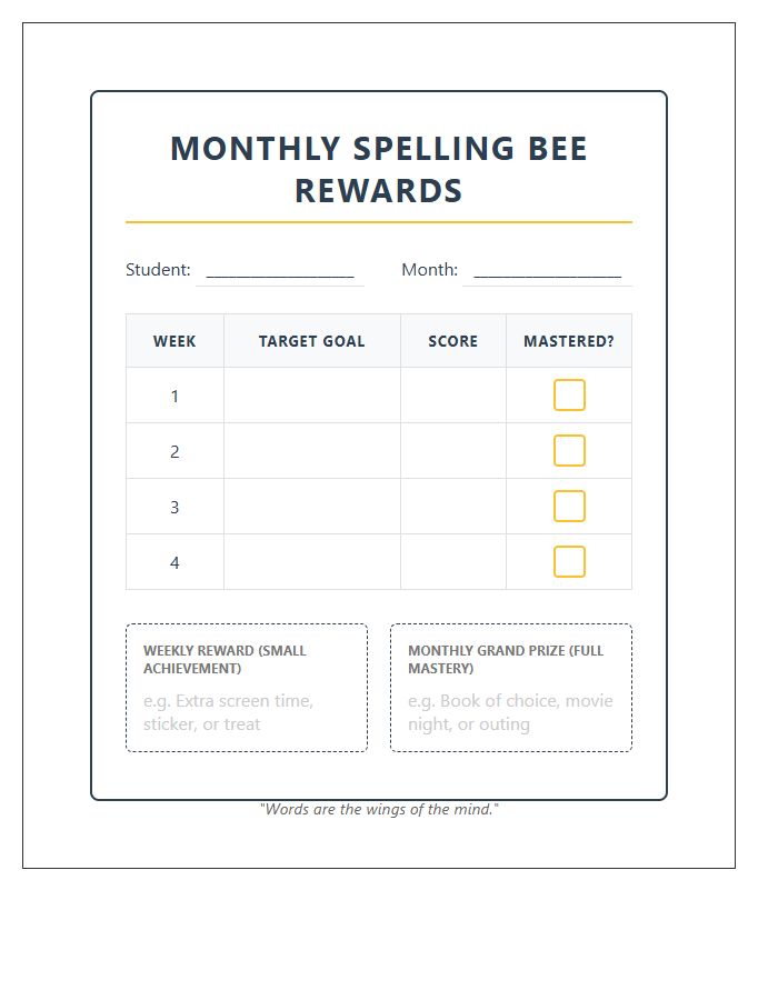 Monthly Spelling Bee Rewards Printable Chart