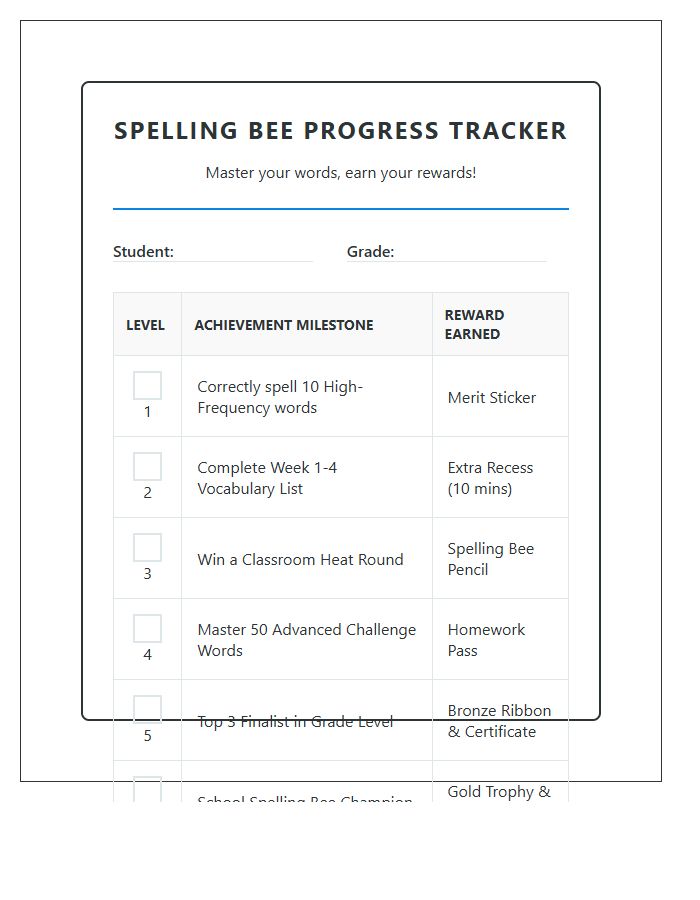 Primary School Spelling Bee Rewards Printable Chart