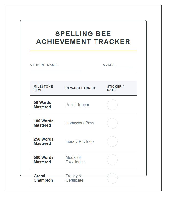 Spelling Bee Achievement Rewards Printable Chart