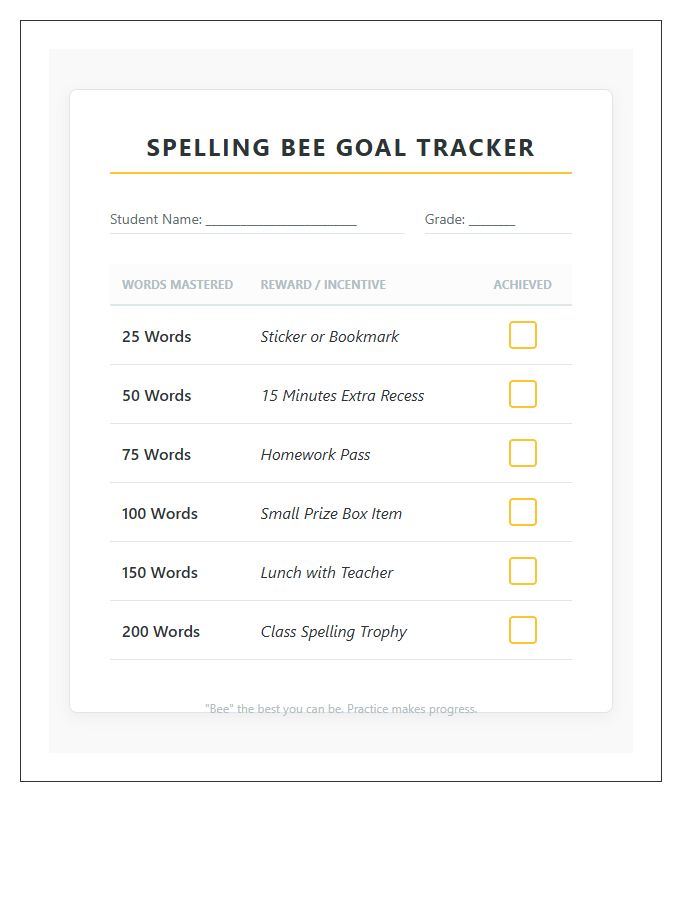 Spelling Bee Goal Rewards Printable Chart