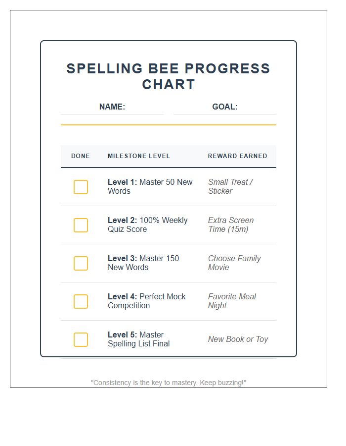 Spelling Bee Motivation Rewards Printable Chart