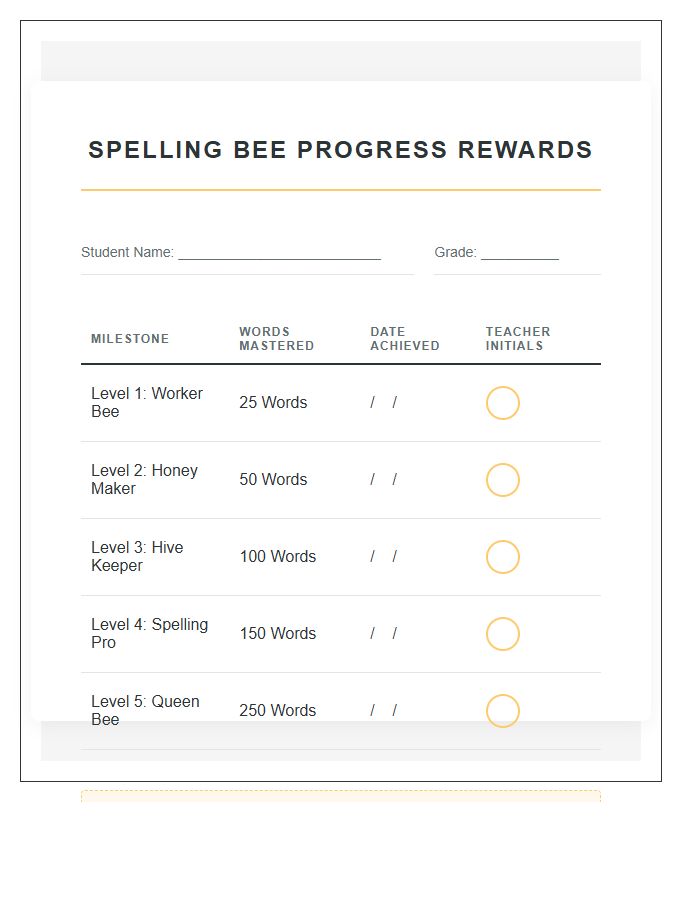 Spelling Bee Progress Rewards Printable Chart