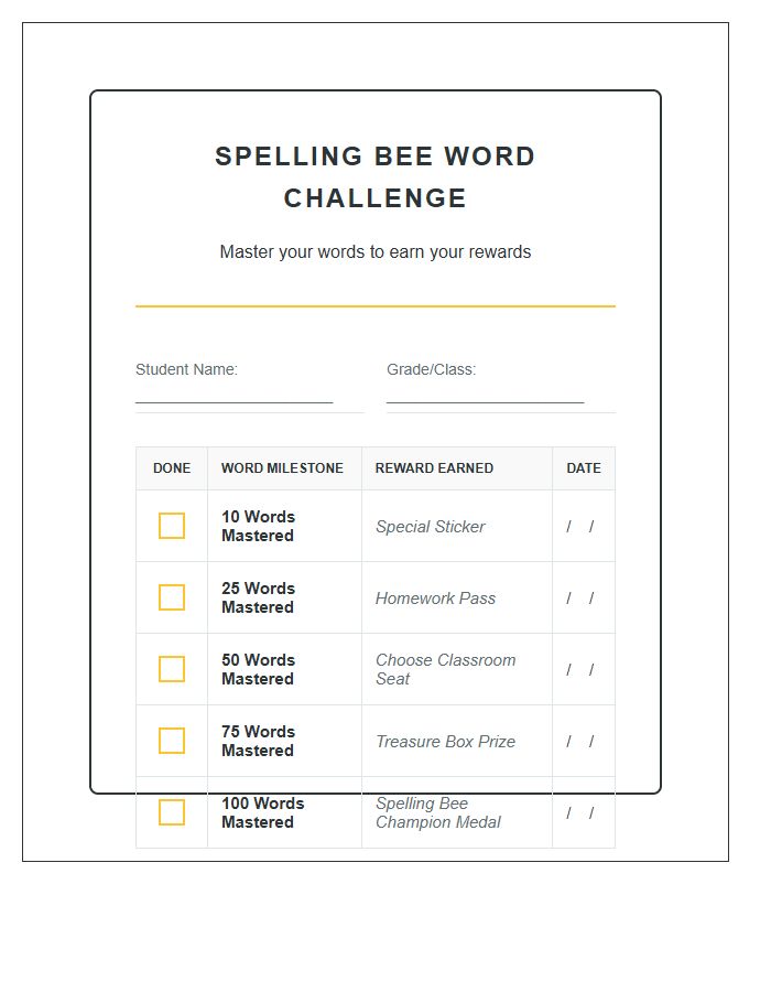 Spelling Bee Word Challenge Rewards Printable Chart