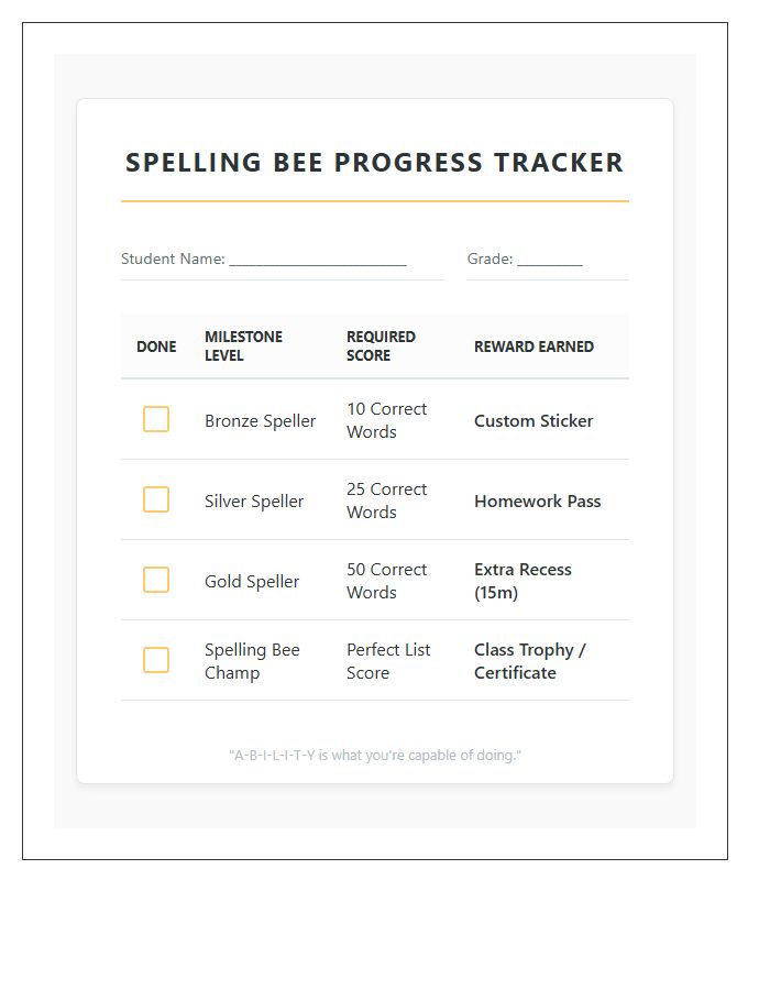 Student Spelling Bee Rewards Printable Chart