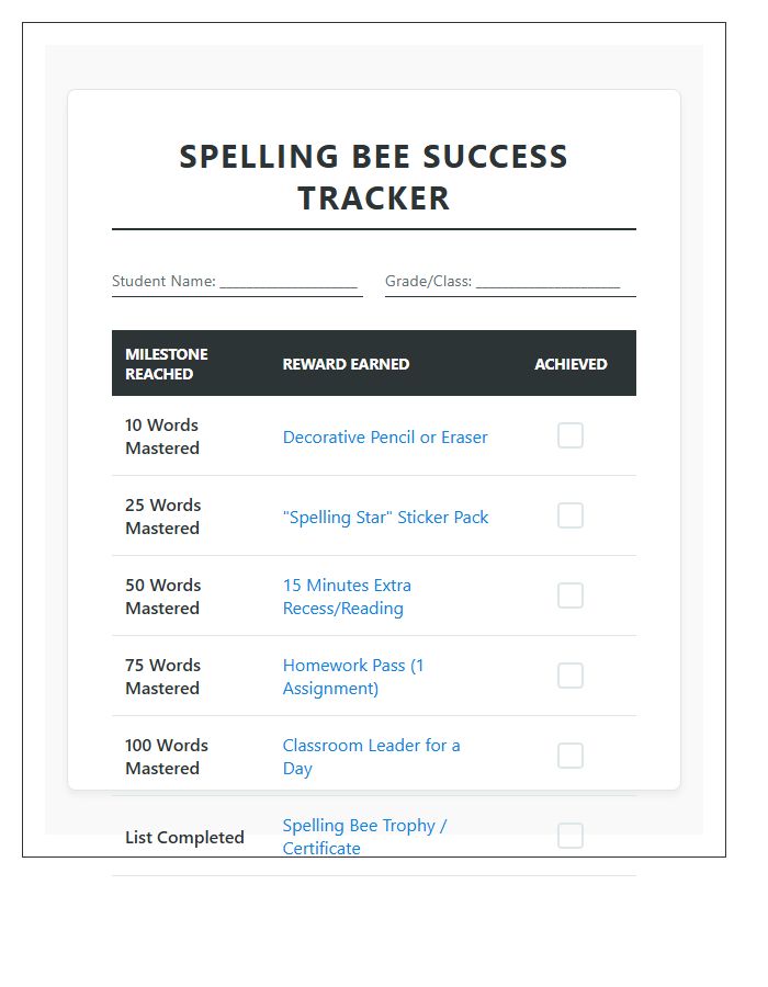 Teacher Spelling Bee Rewards Printable Chart