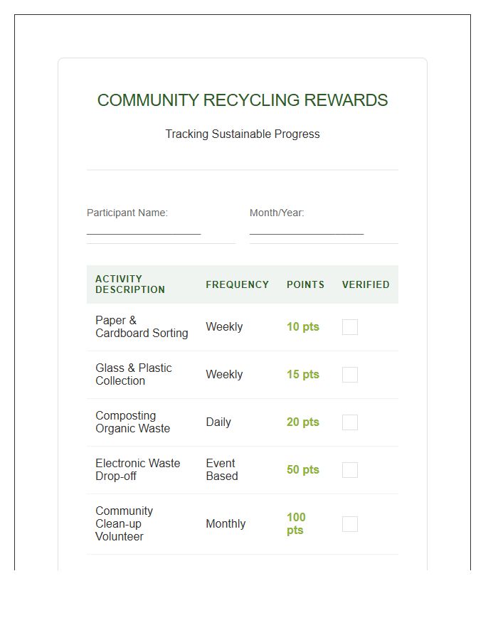 Community Recycling Efforts Rewards Printable Chart