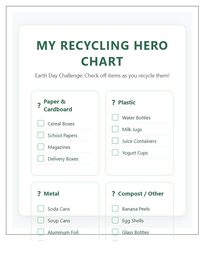Kids Earth Day Recycling Printable Chart
