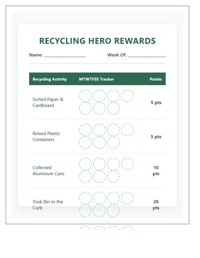 Recycling Efforts Rewards Printable Chart For Kids