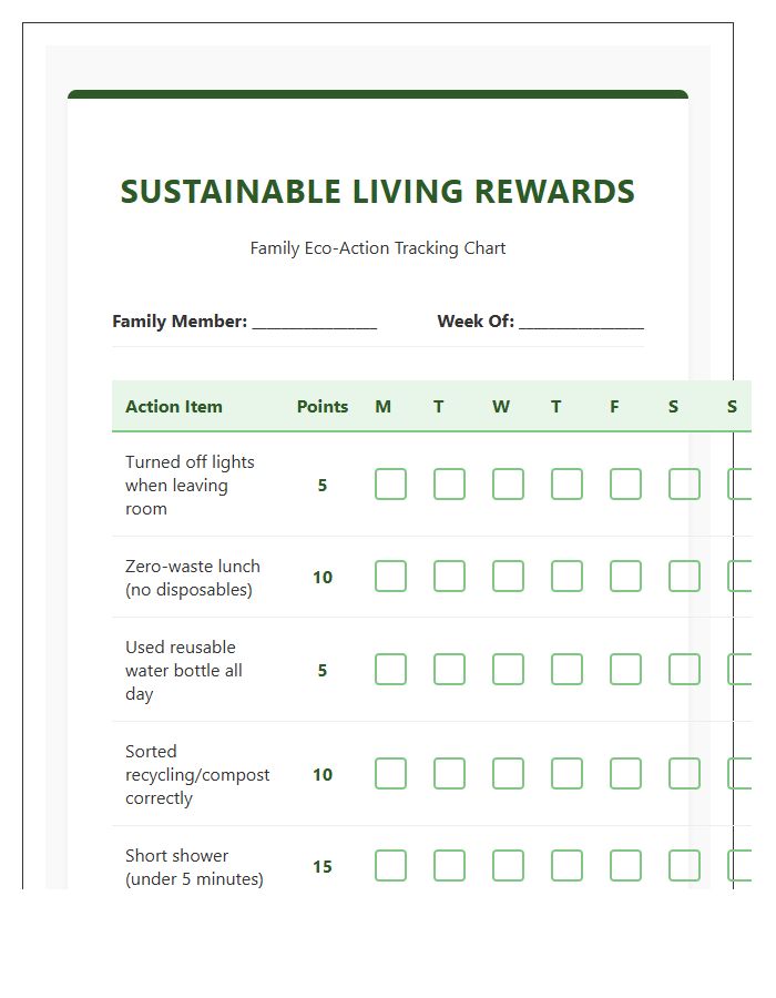 Sustainable Living Rewards Printable Chart For Families