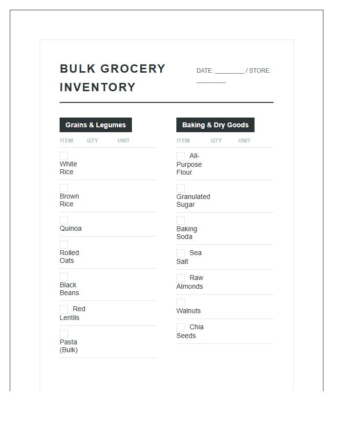 Bulk Shopping Grocery List Printable Chart