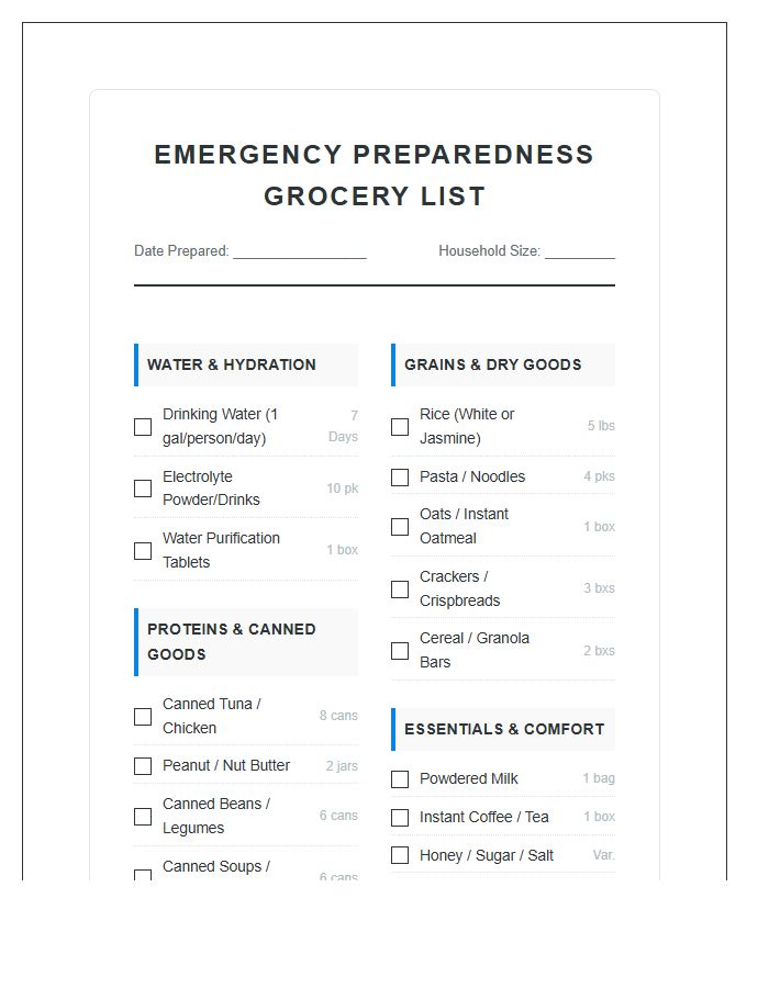 Emergency Preparedness Grocery List Printable Chart