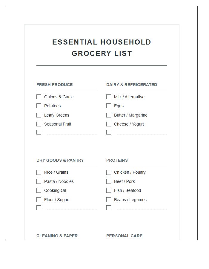 Essential Household Grocery List Printable Chart