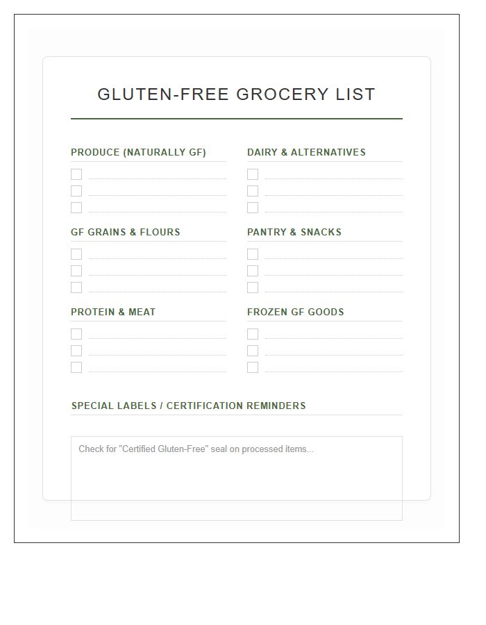 Gluten Free Grocery List Organization Printable Chart