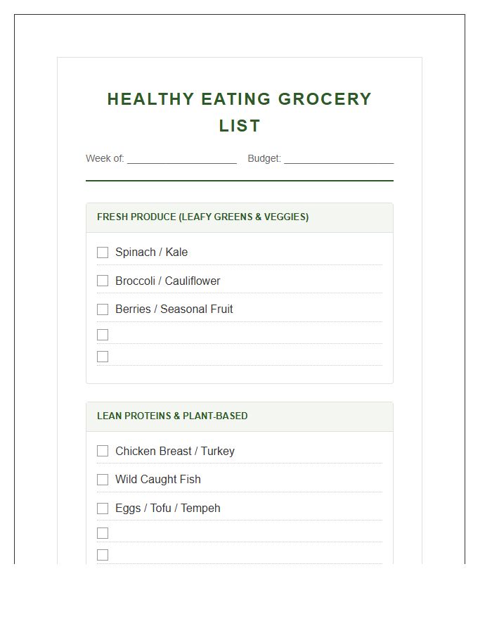 Healthy Eating Grocery List Organization Printable Chart