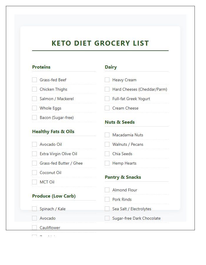 Keto Diet Grocery List Printable Chart
