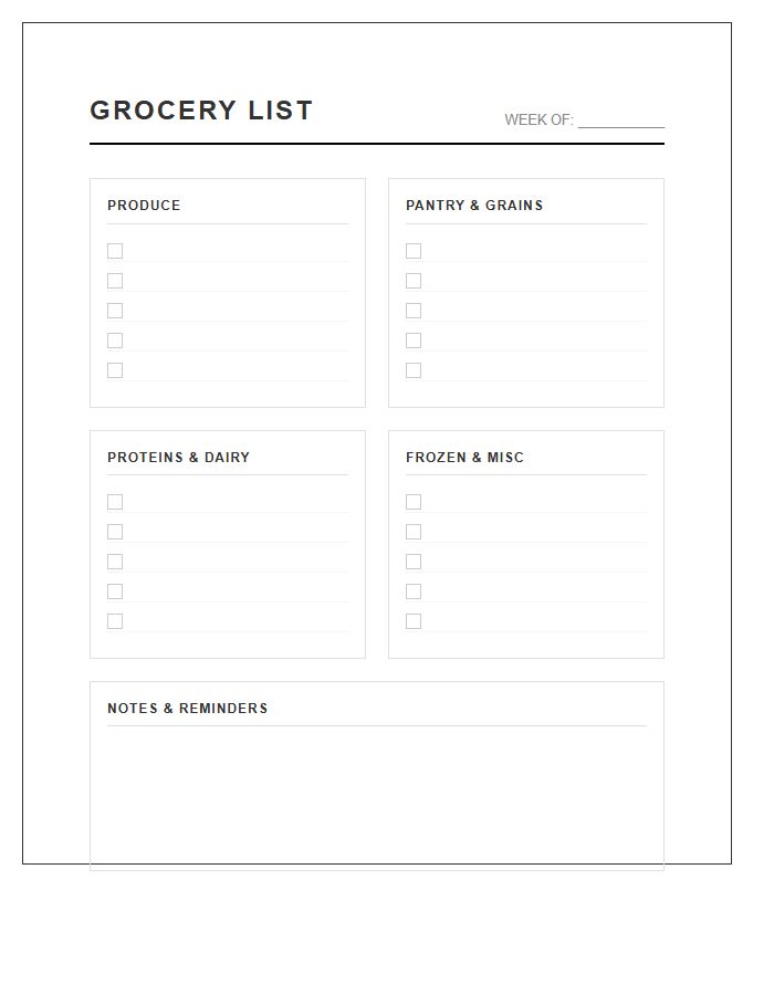 Minimalist Grocery List Organization Printable Chart