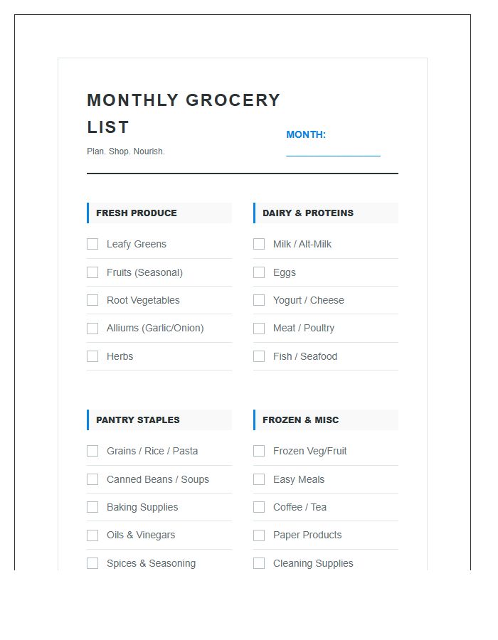 Monthly Grocery List Organization Printable Chart