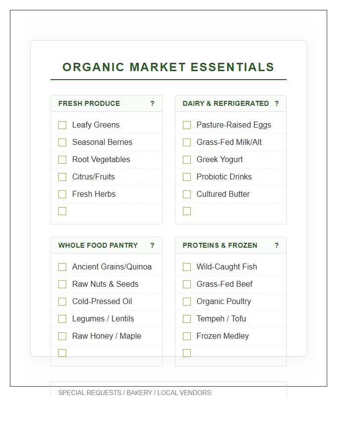 Organic Food Grocery List Organization Printable Chart
