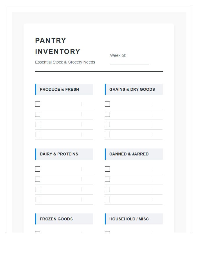 Pantry Management Grocery List Printable Chart