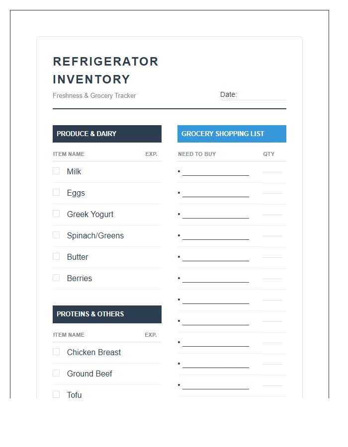 Refrigerator Inventory Grocery List Printable Chart