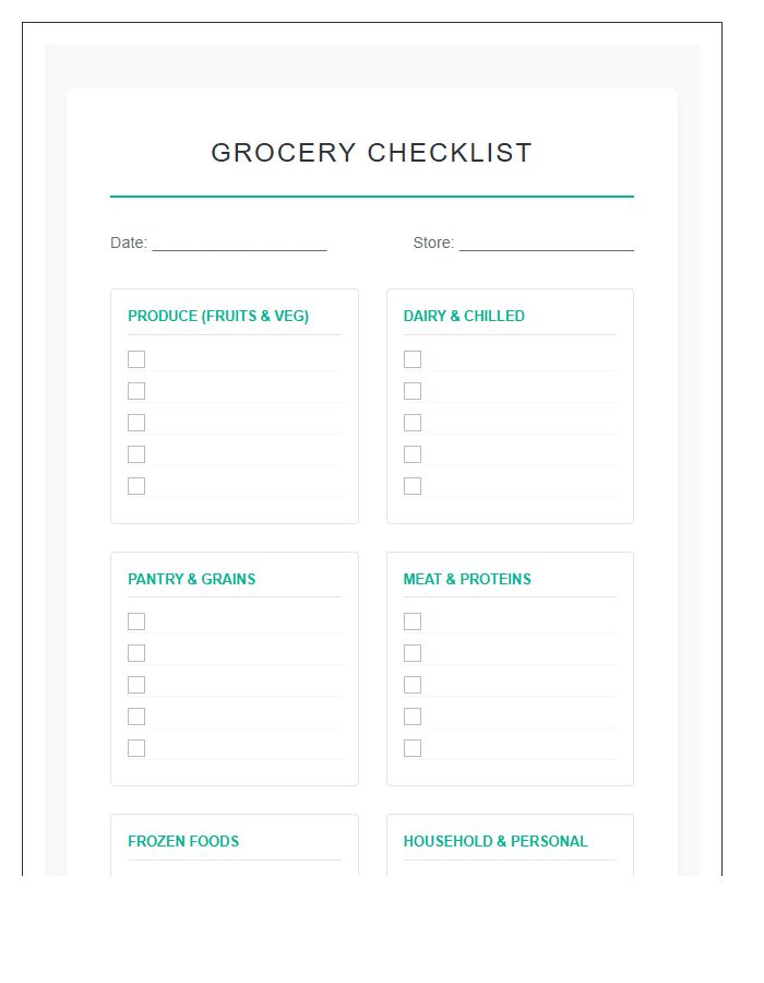 Standard Grocery Shopping Organization Printable Chart
