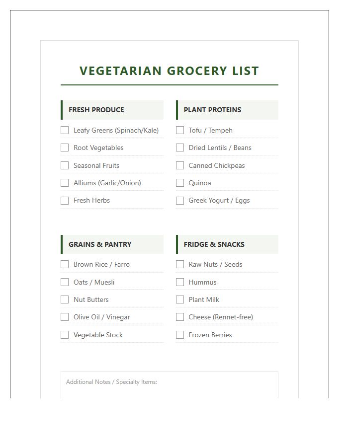 Vegetarian Grocery List Organization Printable Chart