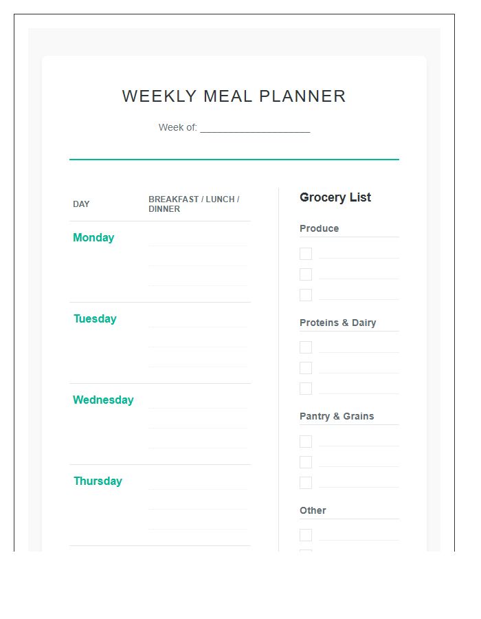 Weekly Meal Planning Grocery List Printable Chart