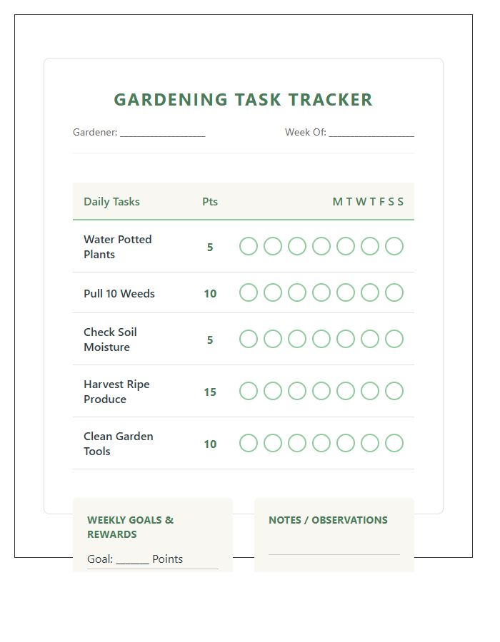 Beginner Gardening Task Reward Printable Chart