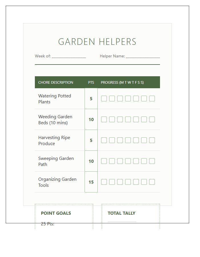 Family Gardening Chore Rewards Printable Chart