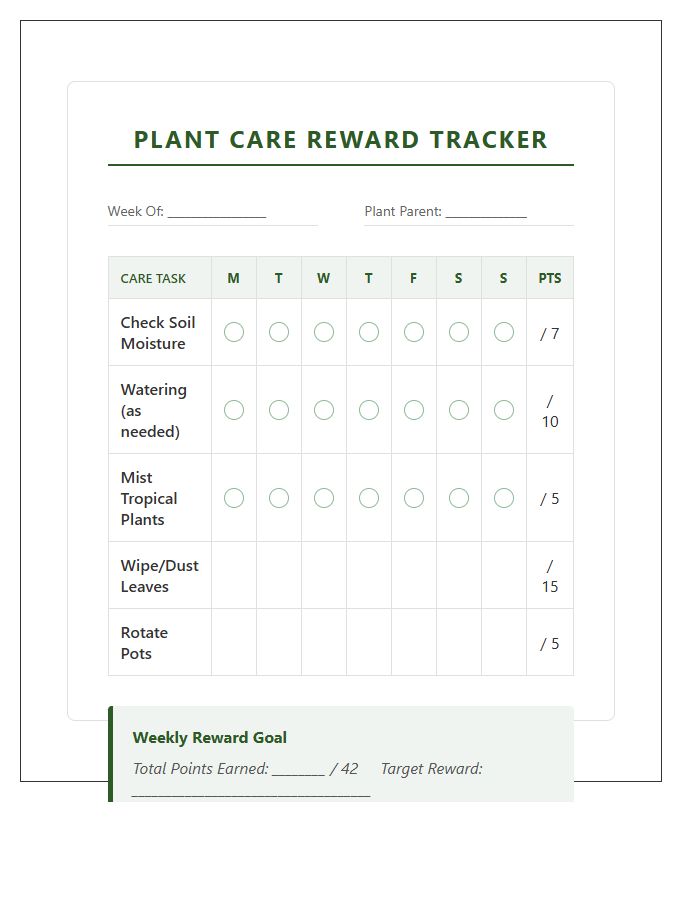 Indoor Plant Care Task Reward Printable Chart