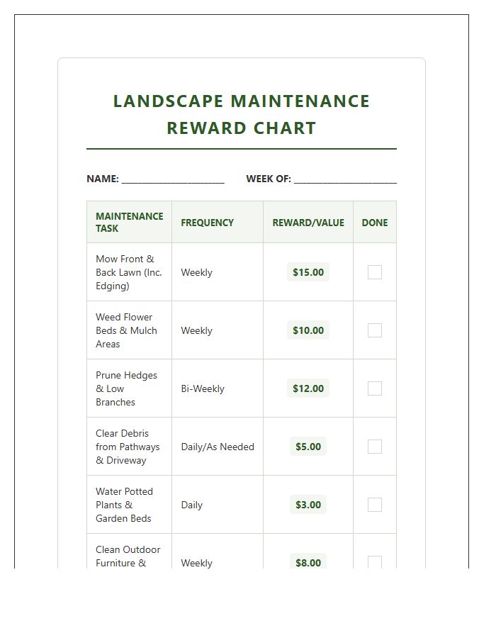 Landscape Maintenance Task Reward Printable Chart