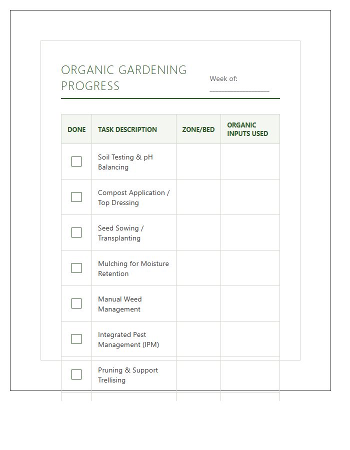 Organic Gardening Task Progress Printable Chart