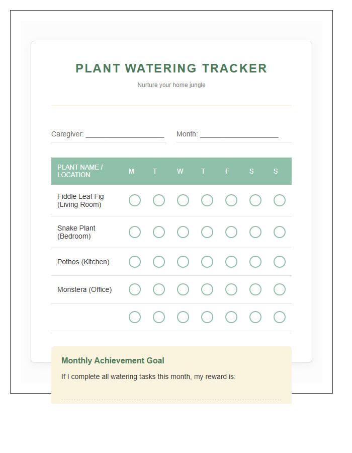 Plant Watering Schedule Reward Printable Chart