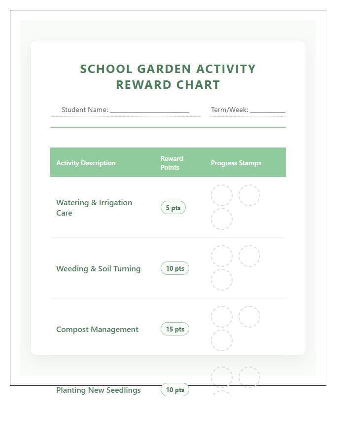 School Garden Activity Reward Printable Chart