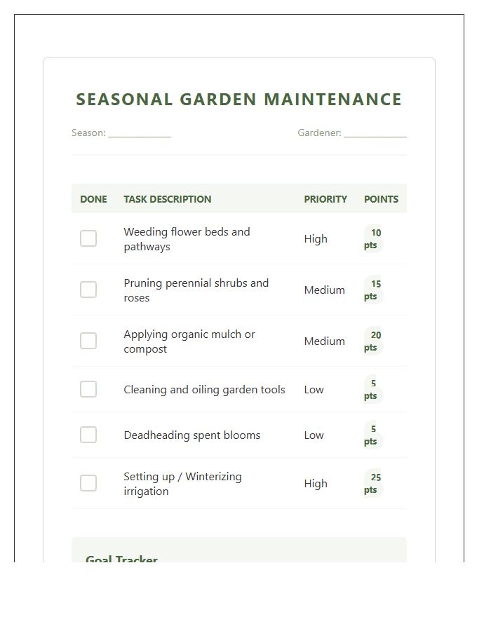 Seasonal Garden Maintenance Reward Printable Chart