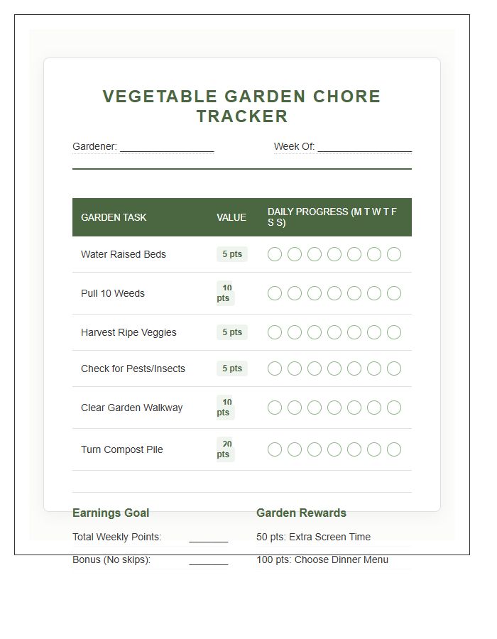 Vegetable Garden Chore Incentive Printable Chart