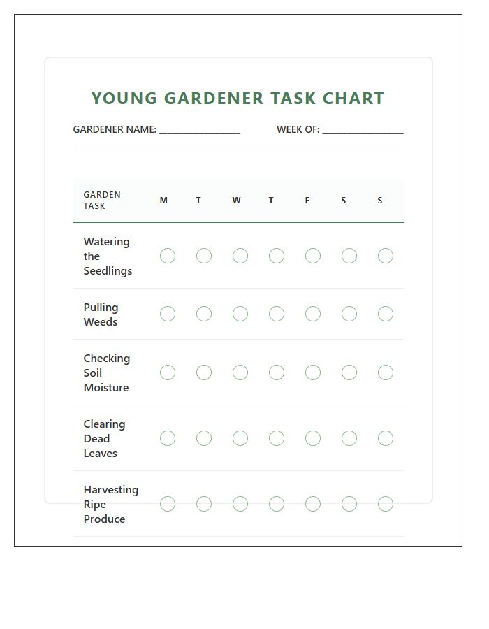 Young Gardener Task Reward Printable Chart