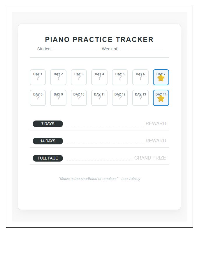 Beginner Piano Practice Rewards Printable Chart Progress