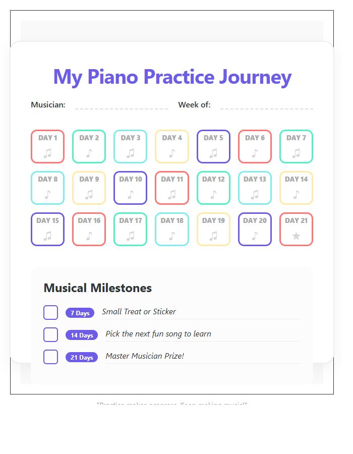 Colorful Piano Practice Rewards Printable Chart For Students
