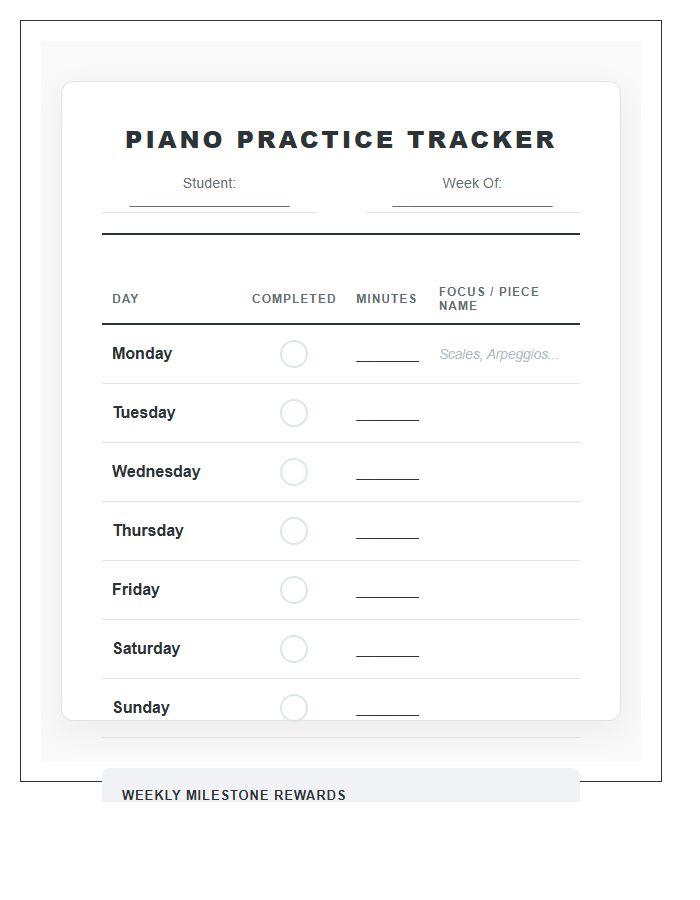 Daily Piano Practice Rewards Printable Chart Tracker
