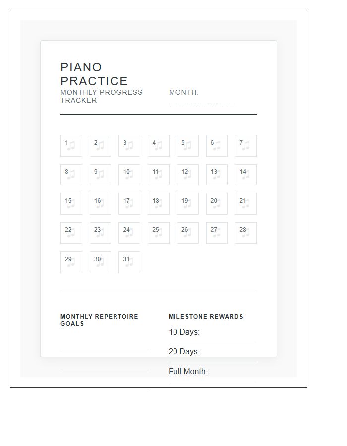 Monthly Piano Practice Rewards Printable Chart