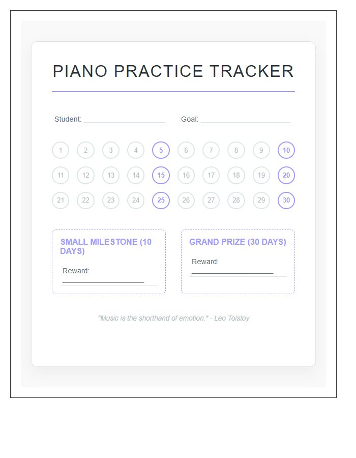 Motivational Piano Practice Rewards Printable Chart