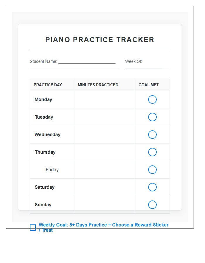 Music Teacher Piano Practice Rewards Printable Chart