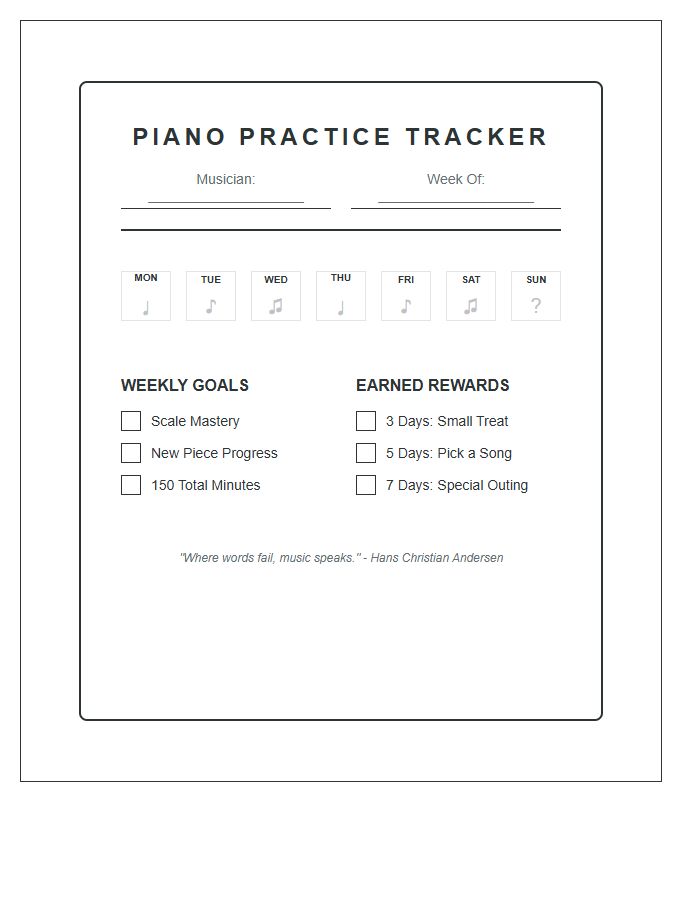 Musical Piano Practice Rewards Printable Chart
