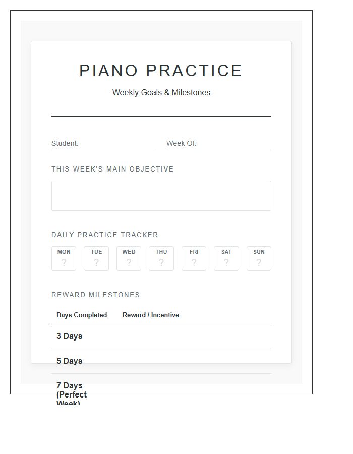 Piano Practice Goal Rewards Printable Chart