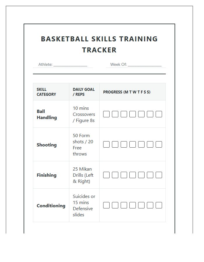 Basketball Skills Training Rewards Printable Chart