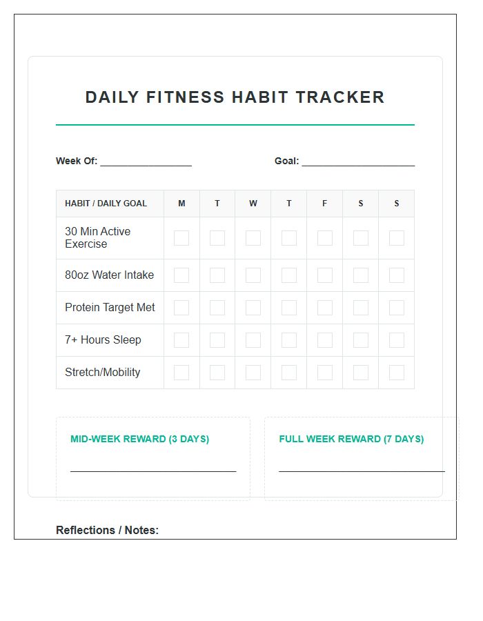 Daily Fitness Habit Training Rewards Printable Chart