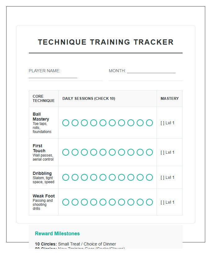 Football Technique Training Rewards Printable Chart
